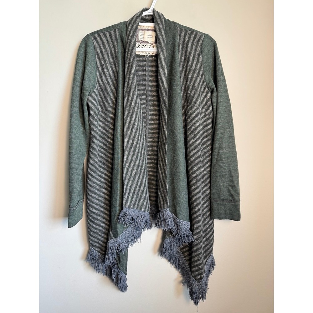 Saturday Sunday Women Cardigan Medium Green Striped Fringe Boho Cozy Layer